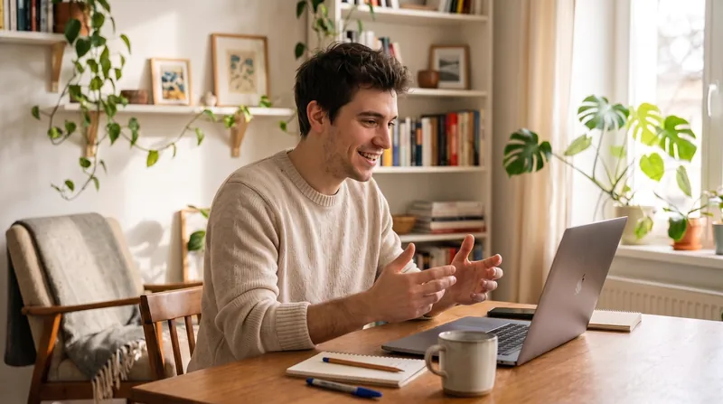 Hombre sonriendo y gesticulando ante un portátil durante una videollamada de español